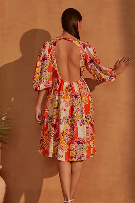 Shop NOIB Multi Color Linen, Lycra V-neck Eva Floral Vine Print Midi Dress at Aza Fashions Shop_NOIB_Multi Color Linen, Lycra V-neck Eva Floral Vine Print Midi Dress _at_Aza_Fashions
