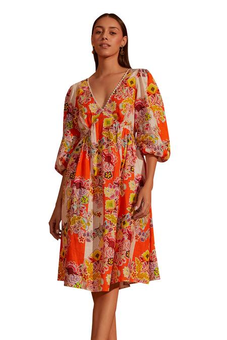 NOIB Multi Color Linen, Lycra V-neck Eva Floral Vine Print Midi Dress Online at Aza Fashions NOIB_Multi Color Linen, Lycra V-neck Eva Floral Vine Print Midi Dress _Online_at_Aza_Fashions