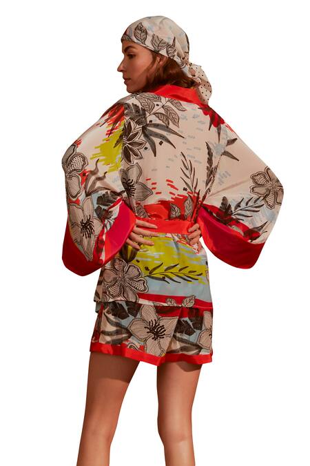 Buy NOIB Multi Color Viscose, Crepe Open Neck Beach Splash Print Kimono Buy_NOIB_Multi Color Viscose, Crepe Open Neck Beach Splash Print Kimono