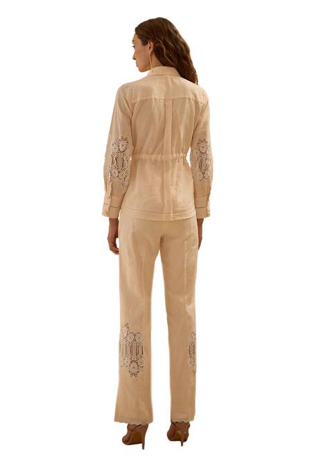 Shop_Label Deepika Nagpal_Peach Collared Laced Sleeve Co-ord Set