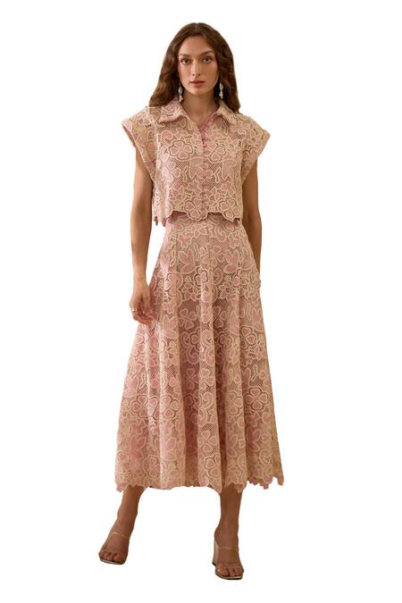 Shop Label Deepika Nagpal Pink Collared Floral Mesh Shirt And Midi Skirt Set Shop_Label Deepika Nagpal_Pink Collared Floral Mesh Shirt And Midi Skirt Set