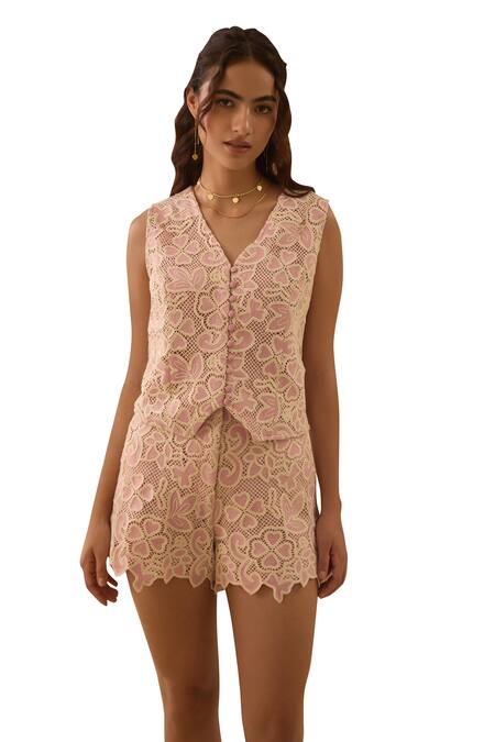 Shop Label Deepika Nagpal Pink Satin, V-neck Mesh Vest With Shorts Shop_Label Deepika Nagpal_Pink Satin, V-neck Mesh Vest With Shorts
