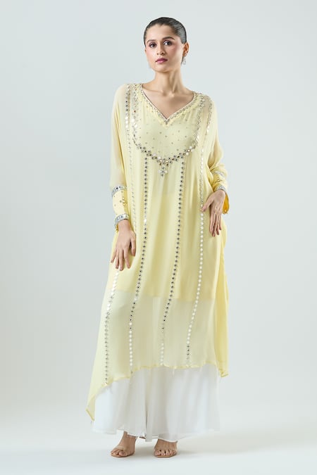 Seams Pret And Couture Yellow Georgette Embroidered Mirror Leaf Ek Noor Kaftan With Pant 