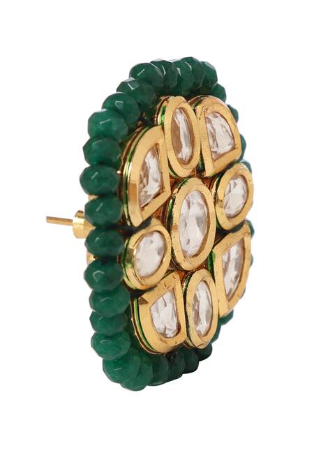 Minaki_Green Beads, Diamonds Geometric Carved Earrings _Online_at_Aza_Fashions