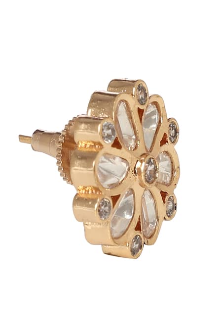 Minaki_Gold Plated Zari, Crystals Floral Carved Studs _Online_at_Aza_Fashions