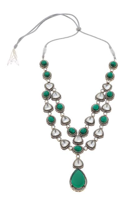 Minaki_Green Crystals, Stones Two Layered Necklace Set _Online_at_Aza_Fashions