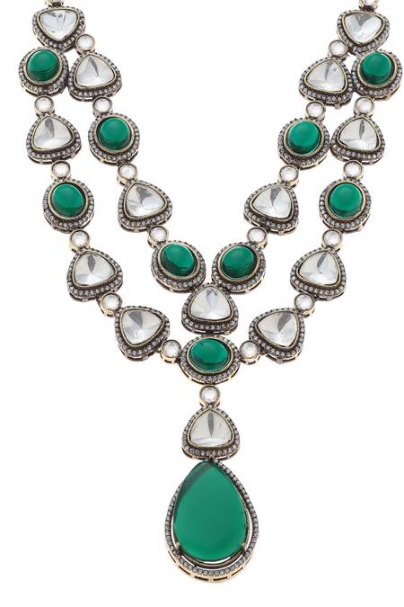 Buy_Minaki_Green Crystals, Stones Two Layered Necklace Set _Online_at_Aza_Fashions