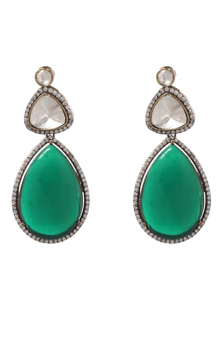 Shop_Minaki_Green Crystals, Stones Two Layered Necklace Set _Online_at_Aza_Fashions