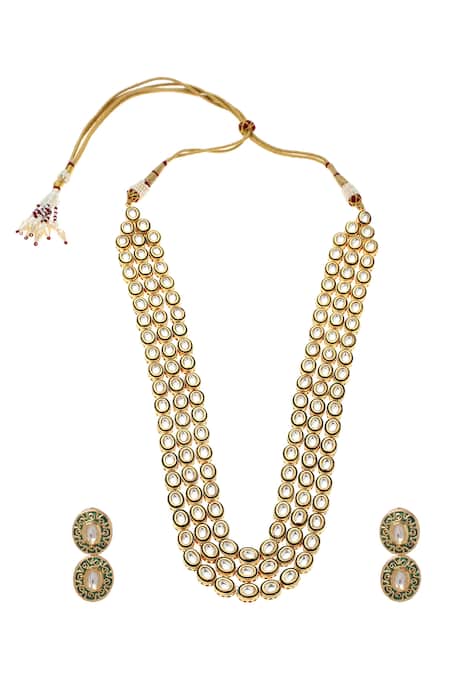 Shop_Minaki_Green Diamonds, Stones Kundan Embellished Layered Necklace Set_at_Aza_Fashions