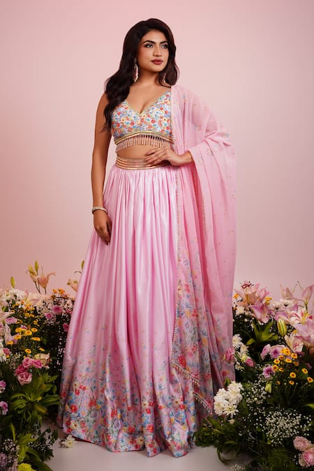 Label Priyanka Kar Pink Viscose Satin Hand Embroidery Floral Plunge Leaf Print Hem Lehenga Set 