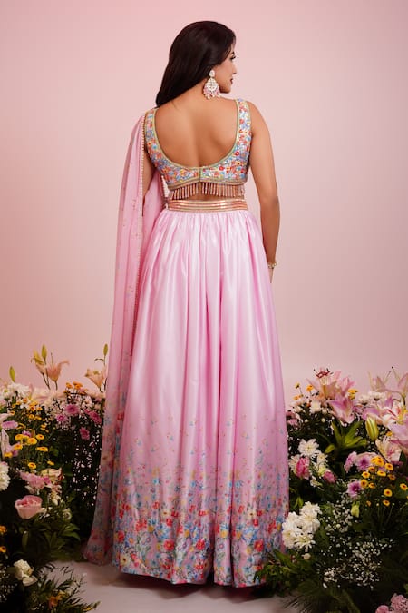 Shop Label Priyanka Kar Pink Viscose Embroidery Plunge Neck Floral Print Hem Lehenga Set at Aza Fashions Shop_Label Priyanka Kar_Pink Viscose Embroidery Plunge Neck Floral Print Hem Lehenga Set _at_Aza_Fashions