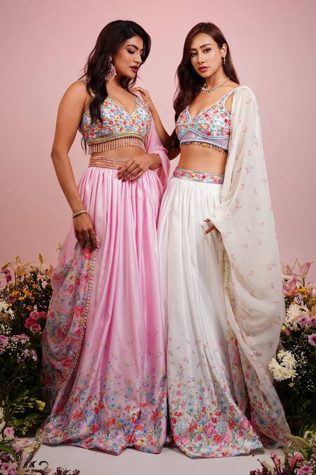 Label Priyanka Kar Pink Viscose Embroidery Plunge Neck Floral Print Hem Lehenga Set Online at Aza Fashions Label Priyanka Kar_Pink Viscose Embroidery Plunge Neck Floral Print Hem Lehenga Set _Online_at_Aza_Fashions