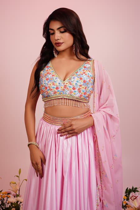 Buy Label Priyanka Kar Pink Viscose Embroidery Plunge Neck Floral Print Hem Lehenga Set Online at Aza Fashions Buy_Label Priyanka Kar_Pink Viscose Embroidery Plunge Neck Floral Print Hem Lehenga Set _Online_at_Aza_Fashions