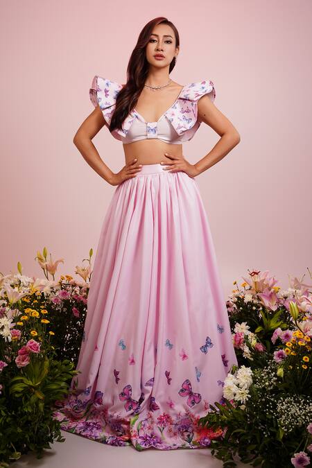 Label Priyanka Kar_Pink Viscose, Satin Embroidery Plunge Neck Butterfly Print Hem Lehenga Set _Online_at_Aza_Fashions