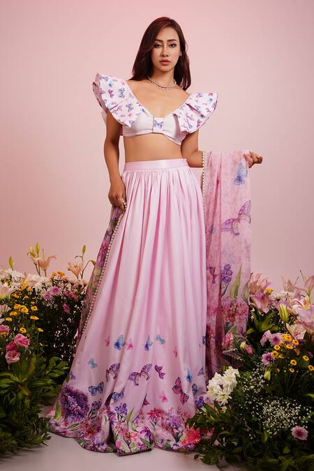 Buy_Label Priyanka Kar_Pink Viscose, Satin Embroidery Plunge Neck Butterfly Print Hem Lehenga Set _Online_at_Aza_Fashions