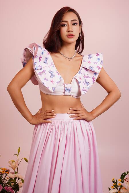 Shop_Label Priyanka Kar_Pink Viscose, Satin Embroidery Plunge Neck Butterfly Print Hem Lehenga Set _Online_at_Aza_Fashions