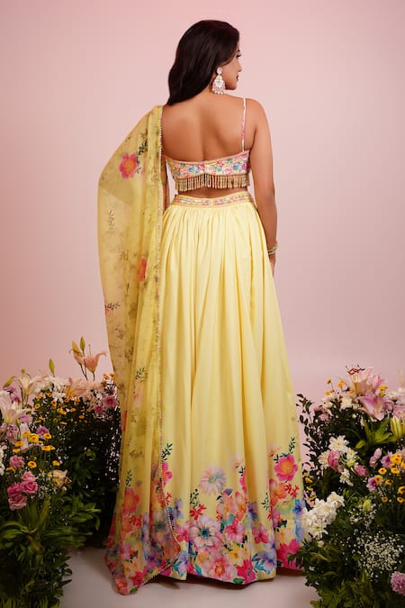 Shop Label Priyanka Kar Yellow Viscose Embroidery Plunge Neck Botanic Print Lehenga Set at Aza Fashions Shop_Label Priyanka Kar_Yellow Viscose Embroidery Plunge Neck Botanic Print Lehenga Set _at_Aza_Fashions