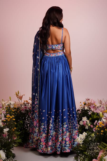 Shop Label Priyanka Kar Blue Viscose Embroidery Plunge Neck Botanic Print Lehenga Blouse Set at Aza Fashions Shop_Label Priyanka Kar_Blue Viscose Embroidery Plunge Neck Botanic Print Lehenga Blouse Set _at_Aza_Fashions