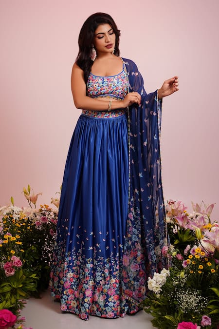 Label Priyanka Kar Blue Viscose Embroidery Plunge Neck Botanic Print Lehenga Blouse Set Online at Aza Fashions Label Priyanka Kar_Blue Viscose Embroidery Plunge Neck Botanic Print Lehenga Blouse Set _Online_at_Aza_Fashions