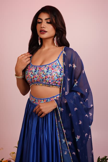 Buy Label Priyanka Kar Blue Viscose Embroidery Plunge Neck Botanic Print Lehenga Blouse Set Online at Aza Fashions Buy_Label Priyanka Kar_Blue Viscose Embroidery Plunge Neck Botanic Print Lehenga Blouse Set _Online_at_Aza_Fashions