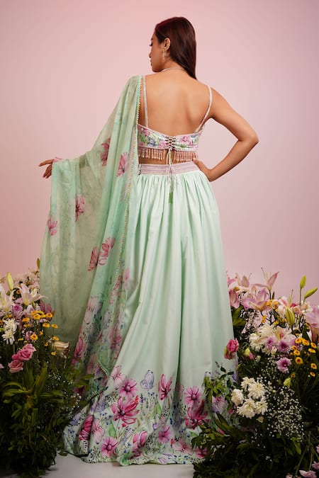 Shop Label Priyanka Kar Green Viscose Embroidery Square Neck Waistband Lehenga Set at Aza Fashions Shop_Label Priyanka Kar_Green Viscose Embroidery Square Neck Waistband Lehenga Set _at_Aza_Fashions