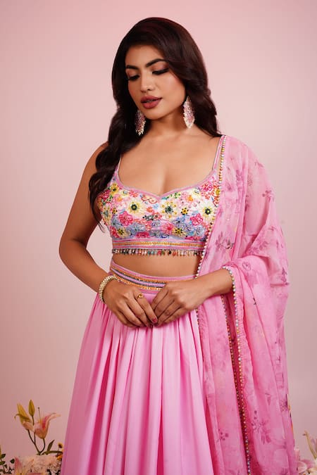 Label Priyanka Kar_Pink Viscose, Satin Embroidery Plunge Neck Waistband Lehenga Blouse Set _Online_at_Aza_Fashions