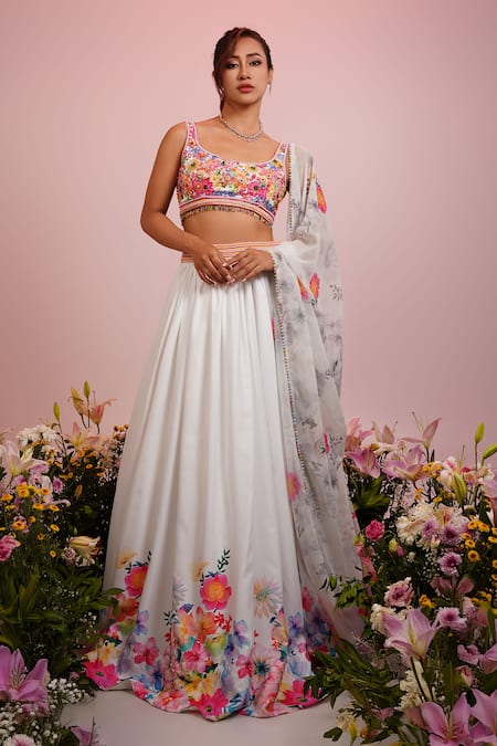 Label Priyanka Kar White Viscose Satin Hand Embroidery Floral Plunge Neck Print Lehenga Blouse Set 