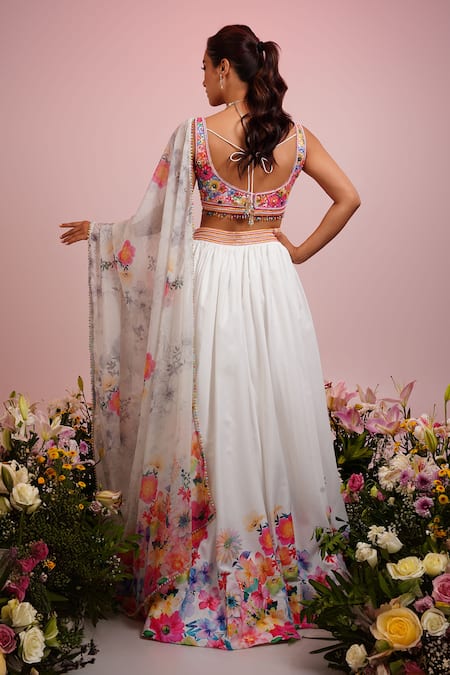 Shop Label Priyanka Kar White Viscose, Satin Embroidery Plunge Neck Floral Print Lehenga Blouse Set at Aza Fashions Shop_Label Priyanka Kar_White Viscose, Satin Embroidery Plunge Neck Floral Print Lehenga Blouse Set _at_Aza_Fashions