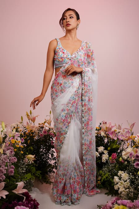 Label Priyanka Kar White Georgette Hand Embroidery Floral Plunge Neck Pre-draped Saree With Blouse 