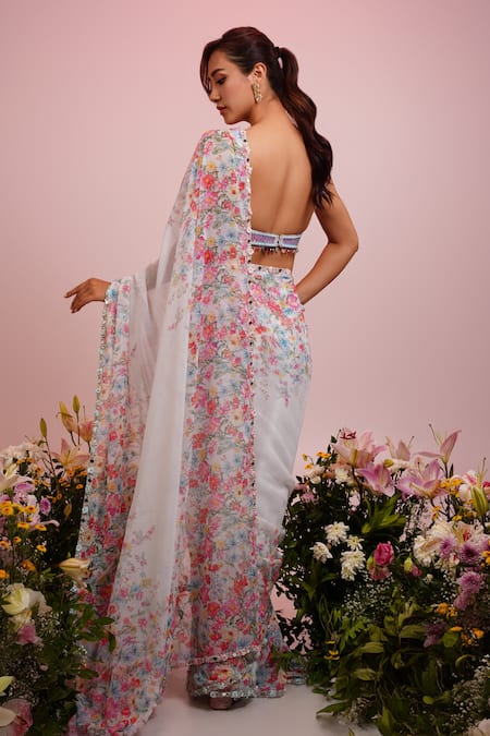 Shop Label Priyanka Kar White Georgette Mirrors, Embroidery Plunge Hand Pre-draped Saree With Blouse at Aza Fashions Shop_Label Priyanka Kar_White Georgette Mirrors, Embroidery Plunge Hand Pre-draped Saree With Blouse _at_Aza_Fashions