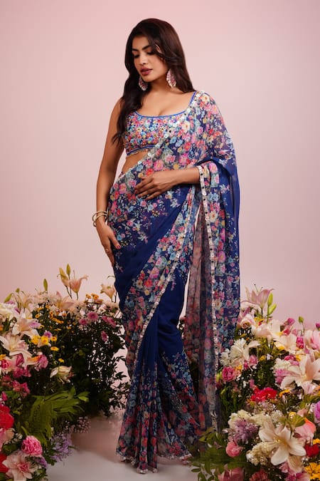 Label Priyanka Kar Blue Georgette Hand Embroidery Floral Plunge Neck Pre-draped Saree With Blouse 