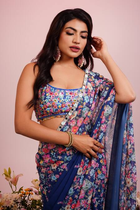 Label Priyanka Kar Blue Georgette Embroidery, Mirrors Floral Hand Pre-draped Saree With Blouse Online at Aza Fashions Label Priyanka Kar_Blue Georgette Embroidery, Mirrors Floral Hand Pre-draped Saree With Blouse _Online_at_Aza_Fashions