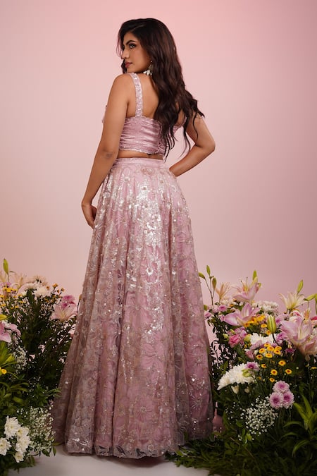 Shop Label Priyanka Kar Purple Net, Georgette Sequins, Embroidery Sweetheart Hand Lehenga Blouse Set at Aza Fashions Shop_Label Priyanka Kar_Purple Net, Georgette Sequins, Embroidery Sweetheart Hand Lehenga Blouse Set _at_Aza_Fashions