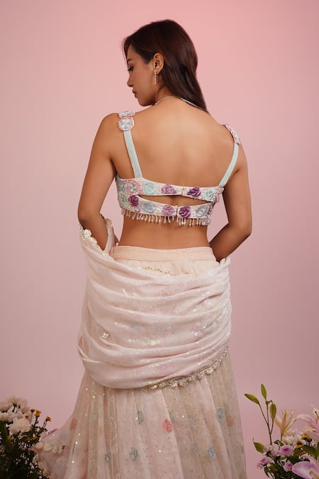 Shop Label Priyanka Kar Pink Net, Georgette Embroidery, Pearls, Sequins Rose Hand Lehenga Set at Aza Fashions Shop_Label Priyanka Kar_Pink Net, Georgette Embroidery, Pearls, Sequins Rose Hand Lehenga Set _at_Aza_Fashions