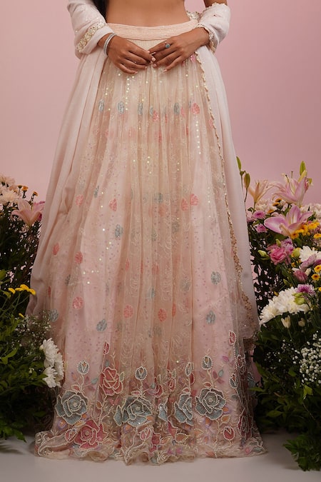 Label Priyanka Kar Pink Net, Georgette Embroidery, Pearls, Sequins Rose Hand Lehenga Set Online at Aza Fashions Label Priyanka Kar_Pink Net, Georgette Embroidery, Pearls, Sequins Rose Hand Lehenga Set _Online_at_Aza_Fashions