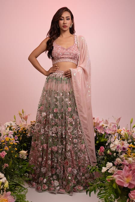 Label Priyanka Kar Pink Net Hand Embroidery Botanical Plunge Neck Pattern Lehenga Set 