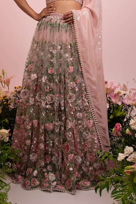 Label Priyanka Kar_Pink Net, Georgette Embroidery, Sequins Plunge Botanical Pattern Lehenga Set _Online_at_Aza_Fashions