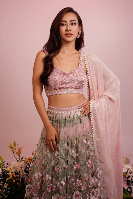 Buy_Label Priyanka Kar_Pink Net, Georgette Embroidery, Sequins Plunge Botanical Pattern Lehenga Set _Online_at_Aza_Fashions