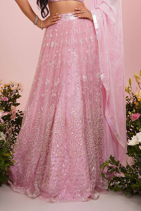 Label Priyanka Kar_Pink Net, Georgette Sequins, Embroidery Plunge Neck Lehenga Set _Online_at_Aza_Fashions