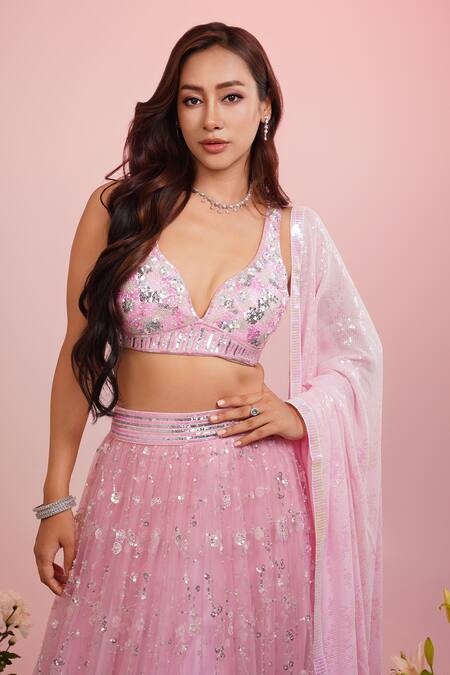Buy_Label Priyanka Kar_Pink Net, Georgette Sequins, Embroidery Plunge Neck Lehenga Set _Online_at_Aza_Fashions