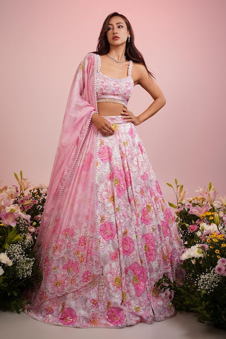 Label Priyanka Kar Pink Viscose Hand Embroidery Floral Scoop Pearl Lehenga Set 