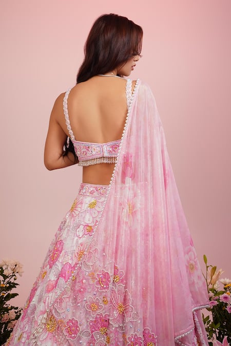 Shop Label Priyanka Kar Pink Viscose, Linen, Chiffon Pearls, Beads Scoop Hand Embroidered Lehenga Set at Aza Fashions Shop_Label Priyanka Kar_Pink Viscose, Linen, Chiffon Pearls, Beads Scoop Hand Embroidered Lehenga Set _at_Aza_Fashions