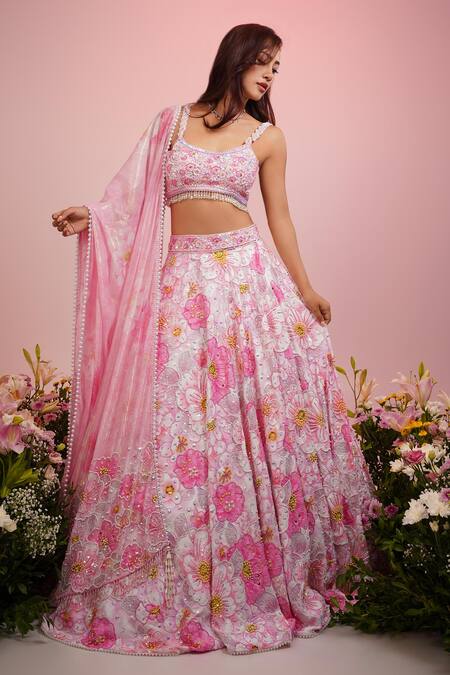Shop Label Priyanka Kar Pink Viscose, Linen, Chiffon Pearls, Beads Scoop Hand Embroidered Lehenga Set Online at Aza Fashions Shop_Label Priyanka Kar_Pink Viscose, Linen, Chiffon Pearls, Beads Scoop Hand Embroidered Lehenga Set _Online_at_Aza_Fashions