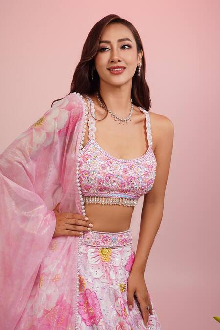 Label Priyanka Kar Pink Viscose, Linen, Chiffon Pearls, Beads Scoop Hand Embroidered Lehenga Set at Aza Fashions Label Priyanka Kar_Pink Viscose, Linen, Chiffon Pearls, Beads Scoop Hand Embroidered Lehenga Set _at_Aza_Fashions