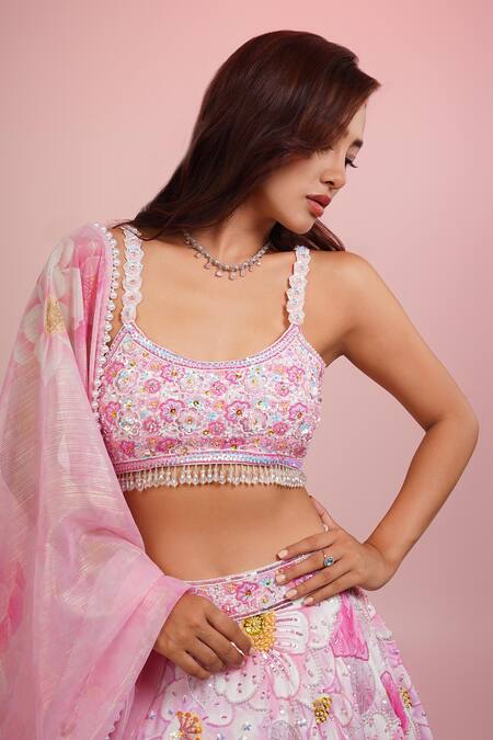Buy Label Priyanka Kar Pink Viscose, Linen, Chiffon Pearls, Beads Scoop Hand Embroidered Lehenga Set Buy_Label Priyanka Kar_Pink Viscose, Linen, Chiffon Pearls, Beads Scoop Hand Embroidered Lehenga Set