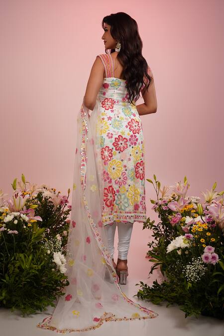 Shop Label Priyanka Kar Multi Color Net, Crepe Embroidery V-neck Flower Hand Kurta Set at Aza Fashions Shop_Label Priyanka Kar_Multi Color Net, Crepe Embroidery V-neck Flower Hand Kurta Set_at_Aza_Fashions