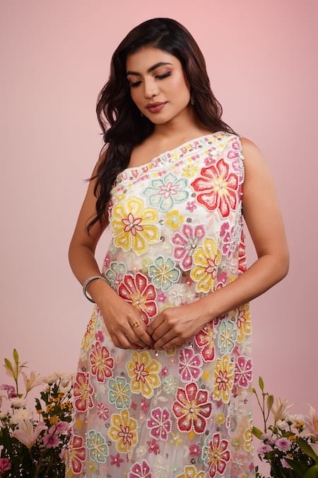 Label Priyanka Kar_Multi Color Net, Georgette Embroidery Asymmetric Hand Kurta With Shaara_Online_at_Aza_Fashions