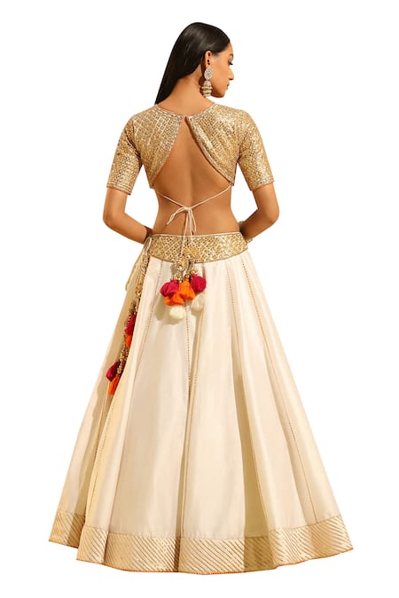 Buy_Sheetal Batra_Ivory , Chanderi, Organza Aarif Hand Embroidered Blouse And Lehenga Set _Online_at_Aza_Fashions