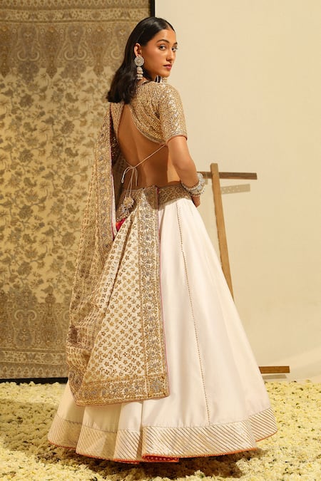 Shop_Sheetal Batra_Ivory , Chanderi, Organza Aarif Hand Embroidered Blouse And Lehenga Set _Online_at_Aza_Fashions
