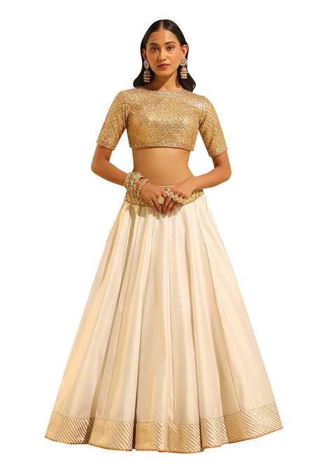 Sheetal Batra_Ivory , Chanderi, Organza Aarif Hand Embroidered Blouse And Lehenga Set _at_Aza_Fashions